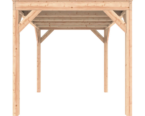 Houten overkapping met vier palen en dakconstructie van naaldhout.