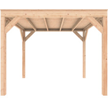 Houten overkapping met plat dak en vier palen, geschikt als carport of tuinpaviljoen.