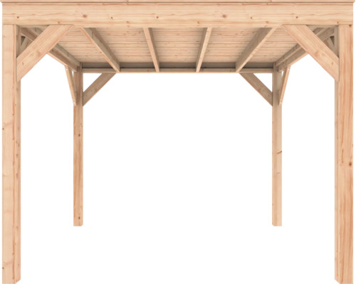 Houten overkapping met plat dak en vier palen, geschikt als carport of tuinpaviljoen.
