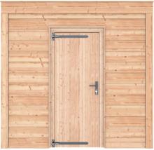Houten deur voor tuinhuizen van natuurlijk hout met zwarte hengen en deurkruk.