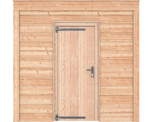 Houten deur voor tuinhuizen van natuurlijk hout met zwarte hengen en deurkruk.