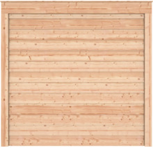 Houten tuinscherm met horizontale lamellen en omlijsting voor de tuin.