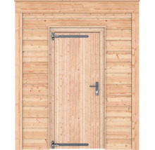 Houten deur voor een tuinhuis met metalen beslag en een klink gemonteerd in een houten wand.