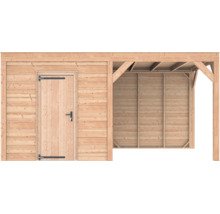Houten tuinhuis met aanbouw, plat dak, enkele deur met zwart beslag en horizontale houten planken.