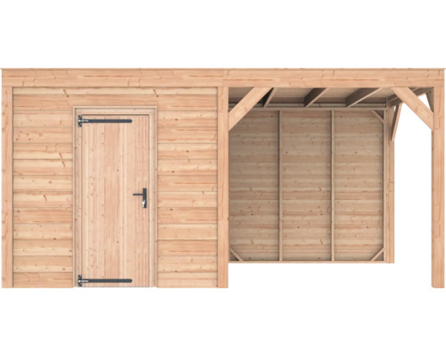 Houten tuinhuis met aanbouw, plat dak, enkele deur met zwart beslag en horizontale houten planken.