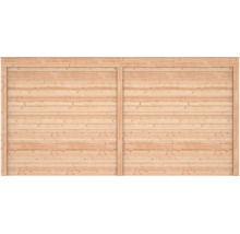 Houten schutting met horizontale profielen en zichtbare houtnerven.
