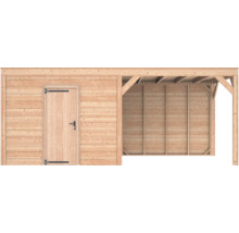 Houten tuinhuis met een enkele deur en een geïntegreerde carport van lichte horizontale houten planken.