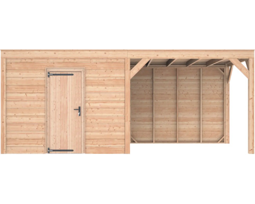 Houten tuinhuis met een enkele deur en een geïntegreerde carport van lichte horizontale houten planken.