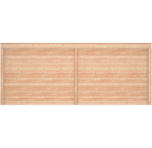 Twee wandelementen van onbehandeld hout met horizontale profielplanken voor tuinhuisjes.