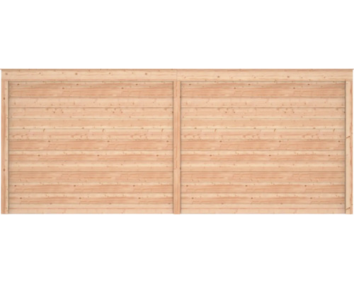 Twee wandelementen van onbehandeld hout met horizontale profielplanken voor tuinhuisjes.