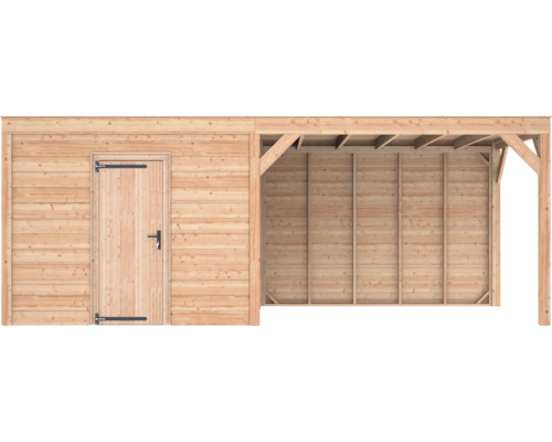 Houten tuinhuis met overkapping, enkele deur met metalen beslag, open berging.
