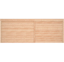 Tuinscherm van natuurlijk hout met horizontale lamellen en verticale tussenbalk.
