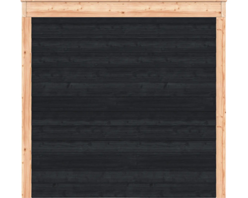 Houten schuttingpaneel met horizontale antracietkleurige lamellen en een frame van natuurlijk hout.