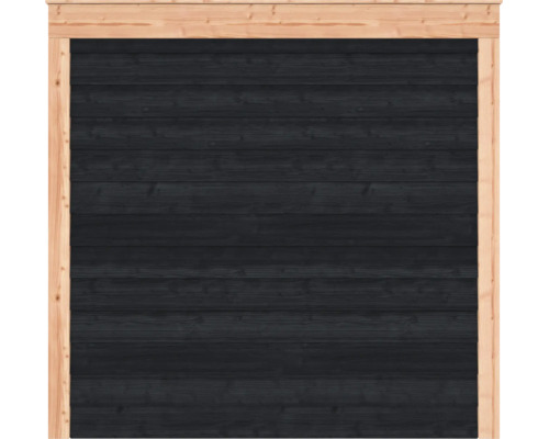 Schuttingpaneel van hout met horizontale zwarte planken en een frame van natuurlijk hout.
