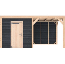 Modern houten tuinhuis met overkapping, donkere gevel, licht houten deur en frameconstructie.