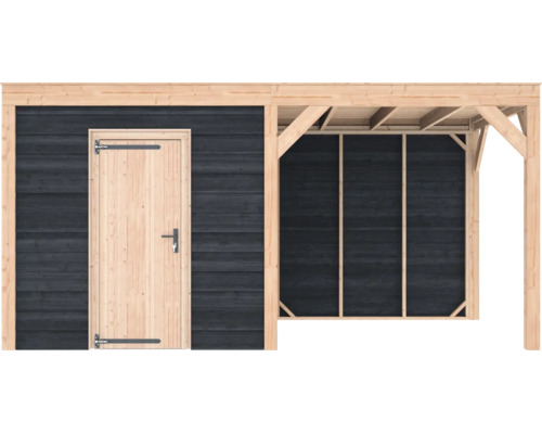 Modern houten tuinhuis met overkapping, donkere gevel, licht houten deur en frameconstructie.