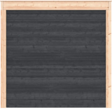 Wandelement van hout, antracietkleurige horizontale planken, naturel houten frame.