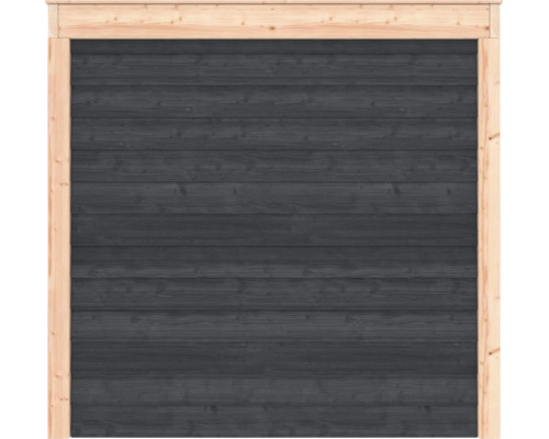 Wandelement van hout, antracietkleurige horizontale planken, naturel houten frame.