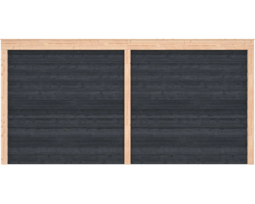 Schuttingpaneel van horizontale houten planken in antraciet met een frame van natuurlijk hout.