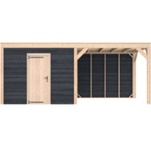 Modern houten tuinhuis met overkapping, voorzien van donkergrijze wandpanelen en een licht houten deur.