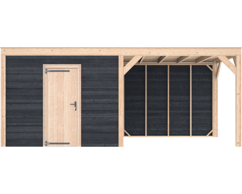 Modern houten tuinhuis met overkapping, voorzien van donkergrijze wandpanelen en een licht houten deur.
