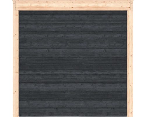 Tuinscherm van hout met horizontale donkere lamellen en een natuurlijke houten omlijsting.
