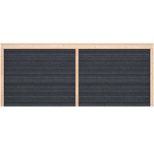 Houten tuinwand met antracietkleurige horizontale planken en een licht houten frame.