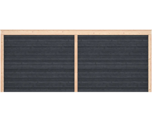 Houten tuinwand met antracietkleurige horizontale planken en een licht houten frame.