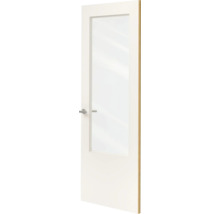Witte binnendeur met een grote glasuitsnede en een zilverkleurige deurklink.