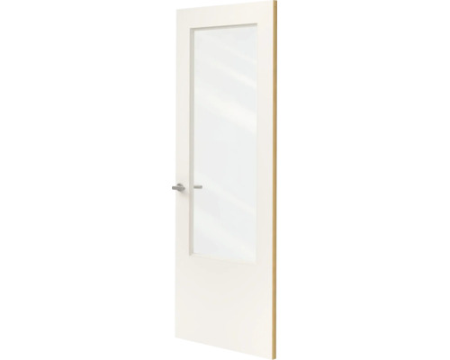 Witte binnendeur met een grote glasuitsnede en een zilverkleurige deurklink.