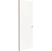 Binnendeur met glad oppervlak, zijkant in houtoptiek en moderne metalen deurkruk.