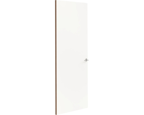 Binnendeur met glad oppervlak, zijkant in houtoptiek en moderne metalen deurkruk.