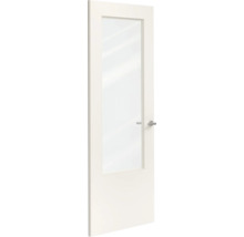 Witte binnendeur met een grote glazen ruit en een zilverkleurige deurklink.