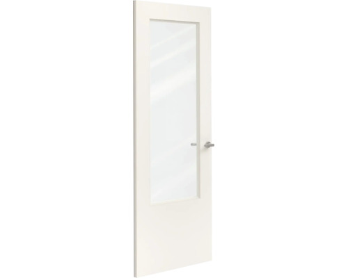 Witte binnendeur met een grote glazen ruit en een zilverkleurige deurklink.