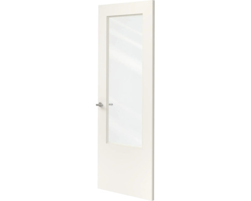 Witte binnendeur met een groot glaspaneel van helder glas en een zilverkleurige deurklink.