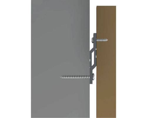 Hoekverbinder voor de bevestiging van gevelelementen met schroeven in een houten constructie.