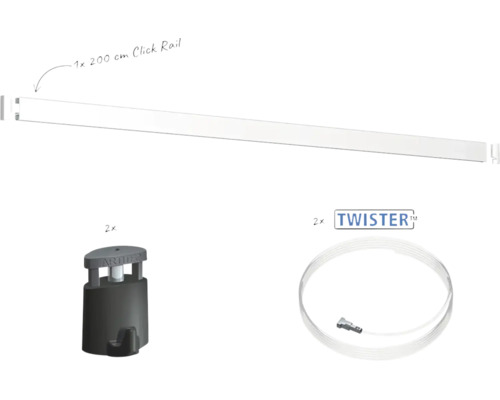 Schilderijophangsysteem set met 200 centimeter Click Rail rail twee schilderijhaken en twee Twister koorden voor wandmontage van kunst