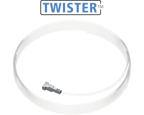 Twister logo met een transparant koord voor schilderijrails en een metalen bevestigingselement.