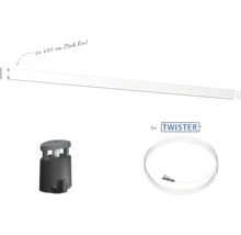 Schilderijophangsysteem set bestaande uit twee 200 centimeter Click Rails, drie Twister ophangkoorden en bijbehorende haken voor wandmontage.
