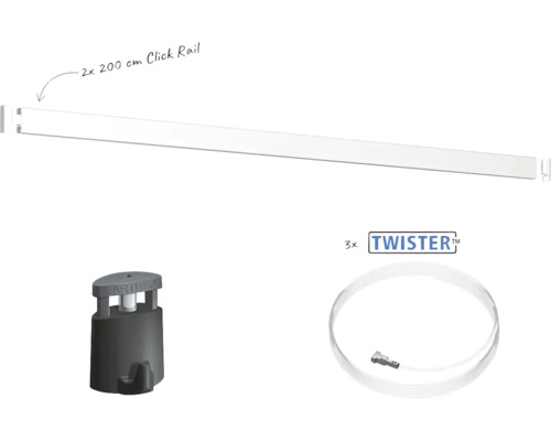 Schilderijophangsysteem set bestaande uit twee 200 centimeter Click Rails, drie Twister ophangkoorden en bijbehorende haken voor wandmontage.