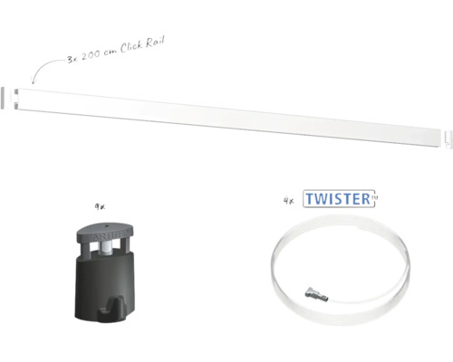 Artiteq schilderijophangsysteem set met drie Click Rail rails van 200 centimeter en vier Twister ophangkoorden met haken