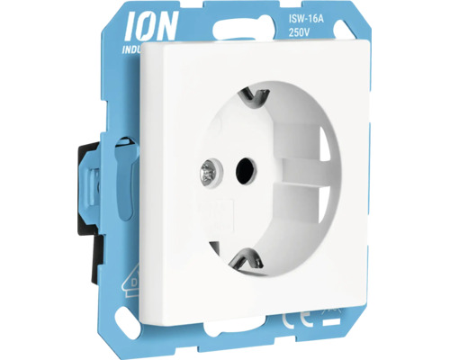Wandcontactdoos met randaarde van ION INDUSTRIES met blauw montageframe, 16 ampère, 250 volt.