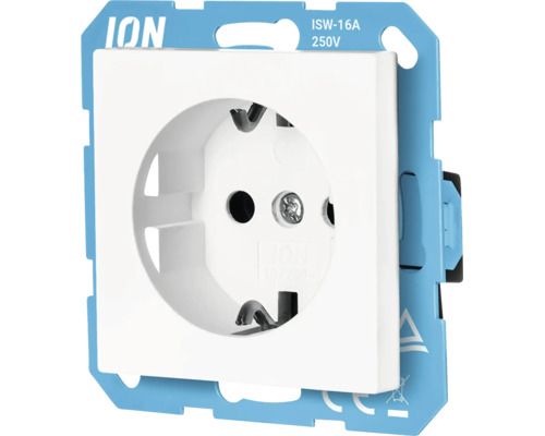 Witte ION geaard stopcontact ISW-16A voor 250 Volt en 16 Ampère met blauwe draagring.