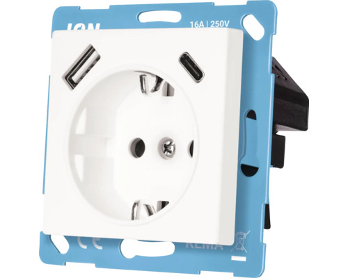 Wandcontactdoos met randaarde, USB-A en USB-C aansluiting, 16 ampère, 250 volt, Ion Logo.