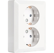Witte dubbele wandcontactdoos voor opbouwmontage van kunststof.