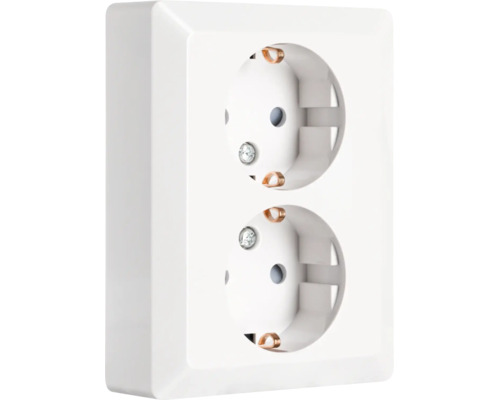 Witte dubbele wandcontactdoos voor opbouwmontage van kunststof.