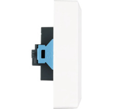 Zijaanzicht van een schakelaar of stopcontact met witte frontplaat, zwarte behuizing en blauwe clip voor montage.
