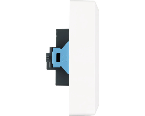 Zijaanzicht van een schakelaar of stopcontact met witte frontplaat, zwarte behuizing en blauwe clip voor montage.