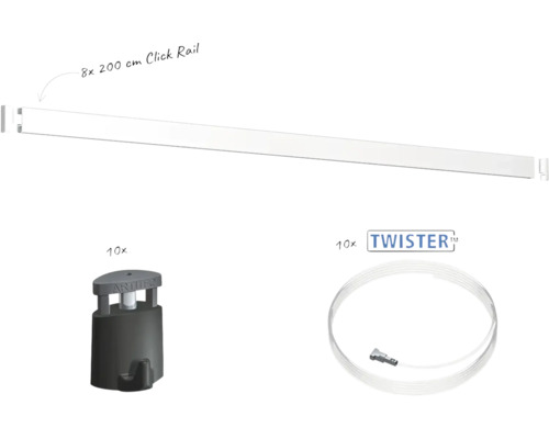 Artiteq schilderijophangsysteem set bestaande uit acht click rails van 200 centimeter met tien haken en tien twister koordophangingen