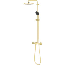 Grohe douchesysteem met thermostaatkraan en hoofddouche en handdouche in metallic look.